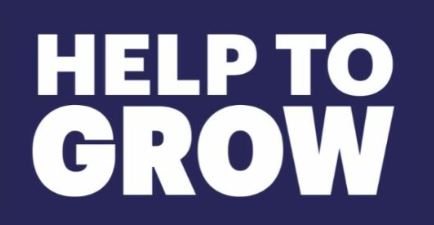 Logo with text that reads 'Help to Grow', signposting people to the Government's campaign sharing information and advice from the government on starting or growing your business, including resources on employing people with disabilities.