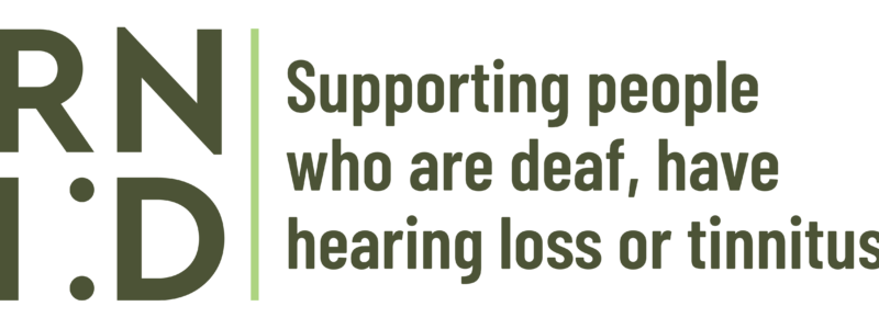 Logo with text that reads 'RNID' in a square layout, followed by text that reads 'Supporting people who are deaf, have hearing loss or tinnitus'.